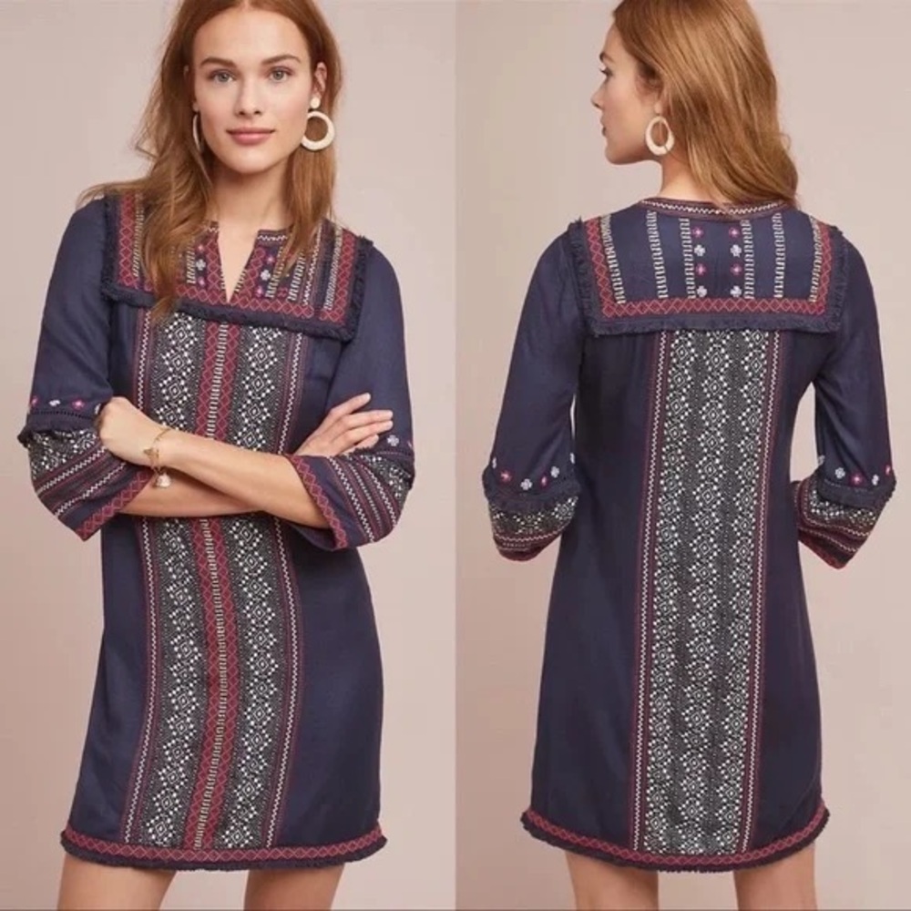 Akemi + Kin Anthropologie Alto Tunic Dress Size 14 Blue Embroidered Fringe Boho